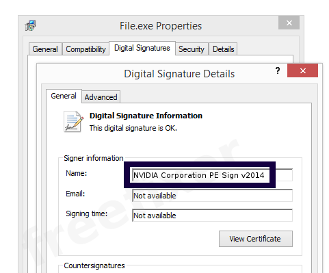 Screenshot of the NVIDIA Corporation PE Sign v2014 certificate